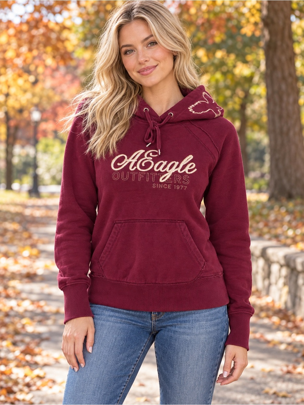 American Eagle Burgundy Embroidered Pullover Hoodie – Medium PTP 21